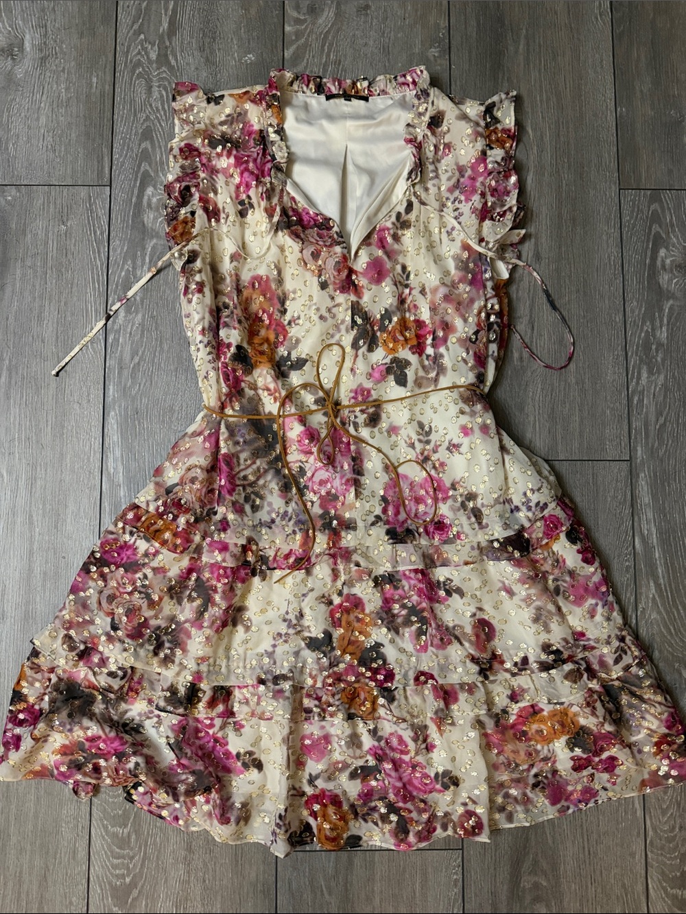 Kobi Halperin Cream Floral Ruffle Tie-Waist Mini Dress